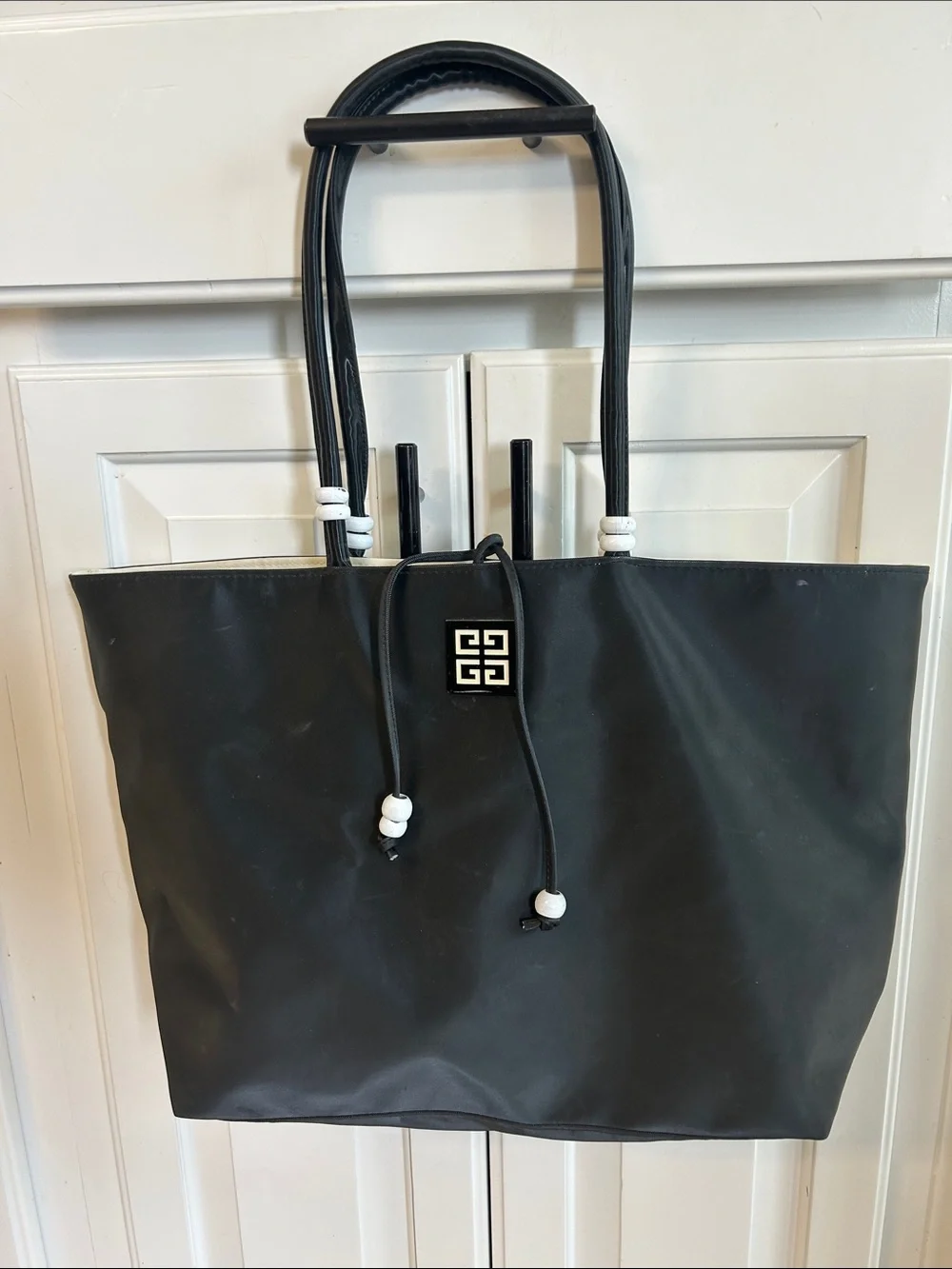 Givenchy Black Nylon Tote with Logo Drawstring and White Bead Accents